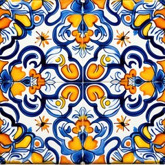 Mexican Talavera Style Tiles with Symmetrical Blue, Yellow, and Orange Patterns