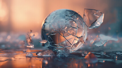 Fototapeta na wymiar Exploding Glass Sphere Against Warm Backdrop. Generative AI