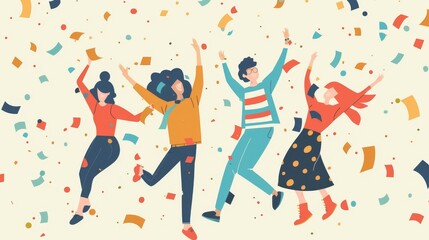 Minimalist party scene illustration featuring joyful characters in a vector art style.