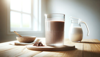 The morning light filters in, illuminating a rustic breakfast scene with glass of chocolate milk or cocoa, a jug of milk and chocolate pieces on a sunny wooden table