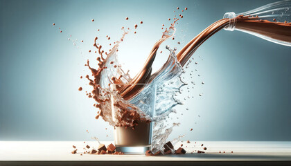 Chocolate and cocoa water dynamic splash being poured into a glass on the blue background with copy space. Creative image for advertising - obrazy, fototapety, plakaty