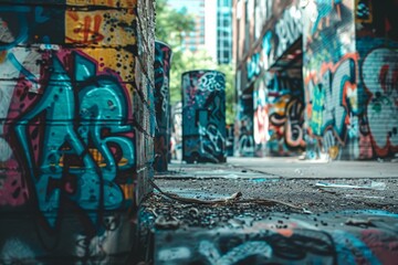 Dynamic photograph of a colorful graffiti wall, Alley painted with bold graffiti, cans lie discarded, urban canvas of creativity, a blurred view into street art's vibrant world.