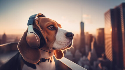 Beagle dog listeing to music