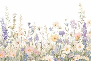 Obraz na płótnie Canvas watercolor wildflowers and grasses, white background, pink purple green yellow blue color scheme
