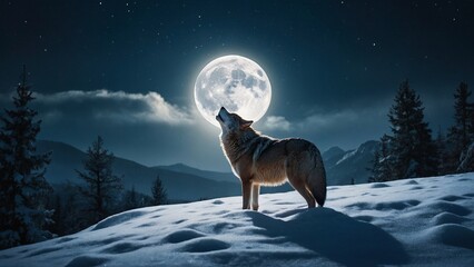 Beautiful expressive portrait of a grey wolf howling at the full moon. Winter animal mammal caninae photography illustration. Canis lupus. - obrazy, fototapety, plakaty