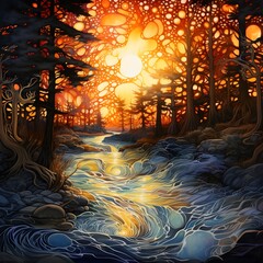 A Portrait of Elemental Harmony Fire and Water in a Magical Forest