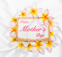 Happy Mother's day card with flower on white fabric background, greeting card design idea