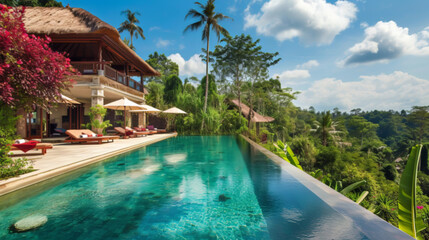 A serene tropical pool glows with underwater lights near a traditional wooden house