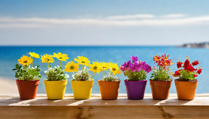 Flowering seedlings in pots on a wooden shelf. Sea and blue sky in the background. Seasonal concept