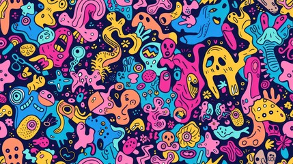 A colorful and abstract painting of various creatures and objects