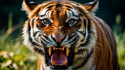 Beautiful expressive portrait of a roaring tiger. Animal mammal wildcat photography illustration. Panthera tigris.