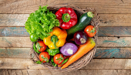 Basket full of fresh vegetables on wooden background. Concept of bio agriculture, sustainable cultivation