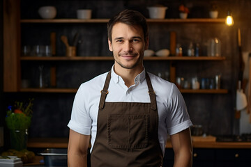 AI generated image of smiling male chef standing in a restaurant kitchen