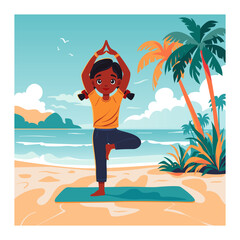 Obraz na płótnie Canvas Kid girl doing yoga tree pose on sea beach. Fitness outdoor concept. Flat vector illustration