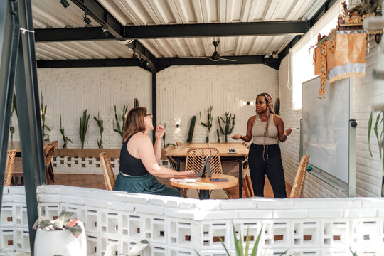 African-American woman stands gesturing during discussion with seated middle-aged Caucasian woman in coworking workspace, with modern decor, depicting collaborative professional business environment.