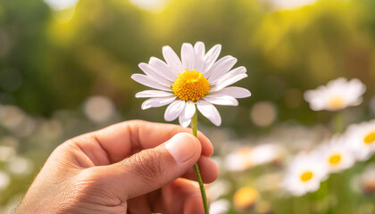 Male hand holding a flower between his fingers. Flowery meadow, natural panorama in the background