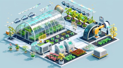 Modern science and technology agriculture glass greenhouses, agricultural farming equipment, soilless cultivation technology, isometric 3d