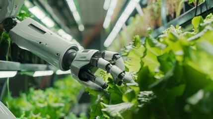 A futuristic robotic arm gently harvesting hydroponic lettuce, illustrating the synergy of technology and agriculture in 4k - obrazy, fototapety, plakaty