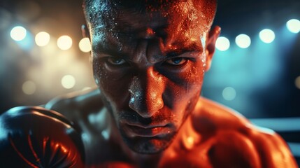 Boxer in fighting stance, glowing under the ring lights, focus and determination on face, ready for victory in 4k - obrazy, fototapety, plakaty