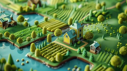 3d illustration of agriculture. Green fields, oragnic plantation.