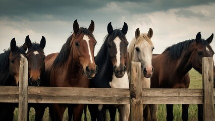 Portrait of group of horses standing behind wooden fence on the farm. Beautiful animal pet mammal photography illustration concept. Equus ferus caballus. - obrazy, fototapety, plakaty