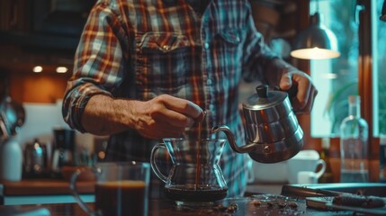 Man using Italian classic Moka coffee pot pouring, coffee maker with equipment tool - obrazy, fototapety, plakaty