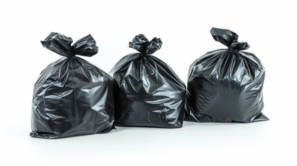Black plastic garbage bags on white background
