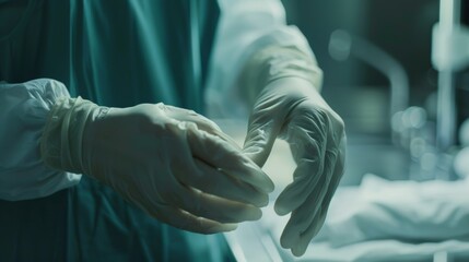 Doctor's hands in focus, sliding into sterile white gloves, a prelude to patient care, detailed in crisp 4k - obrazy, fototapety, plakaty