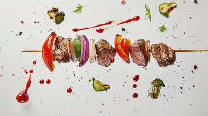 Floating feast of grilled steak pieces and veggies, magically aligning into a skewer over white canvas - obrazy, fototapety, plakaty