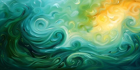 Serene and Imaginative Abstract Painting with Mesmerizing Turquoise Swirls and Flowing Shapes Depicting a Tranquil and Whimsical Landscape - obrazy, fototapety, plakaty