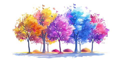 A group of trees with bright, vibrant leaves, creating a pop of color against the white background.