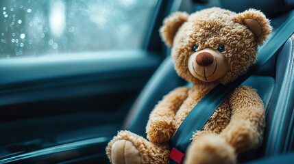 A teddy bear wearing a seat belt in the passenger's view of a car, road safety concept, сopy space.