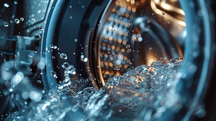 Pristine water flow and splashes from a washing machine drum near-up modern high tech item for human laundry work and space, Generative  AI. - obrazy, fototapety, plakaty