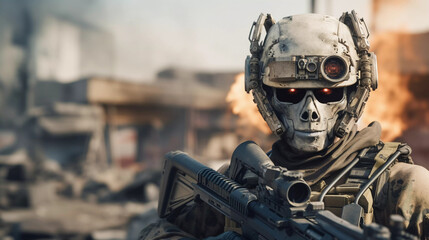 Fully armed robot ready for war, scifi robot movie scene 