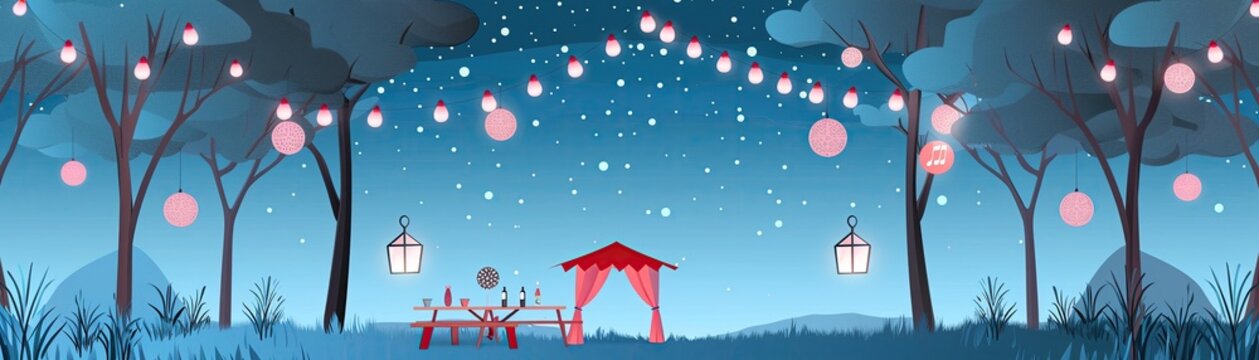 Picnic under a starry night sky, Christmas lights strung between trees, cozy yet summery atmosphere.