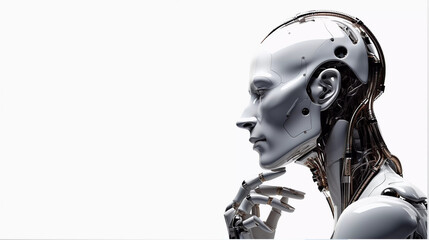 Thoughful robot face isolated on white background, human robot thinking and creating concept 