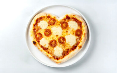 Heart shaped pizza margherita in a dish isolated on white background. Italian food lover concept