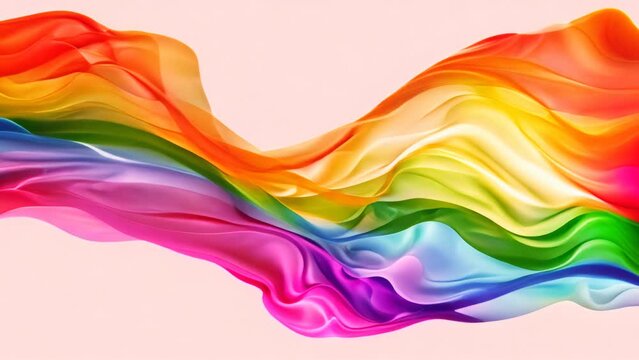 Vibrant rainbow flag with waves and folds on a white background.