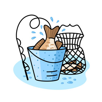 recommend clip art: Hooked perch fish in a bucket doodle style isolated on white background. Fishing scene illustration.