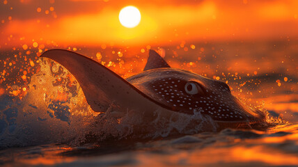 A large manta stingray jumping on the surface of the ocean with the background of a sunset - obrazy, fototapety, plakaty