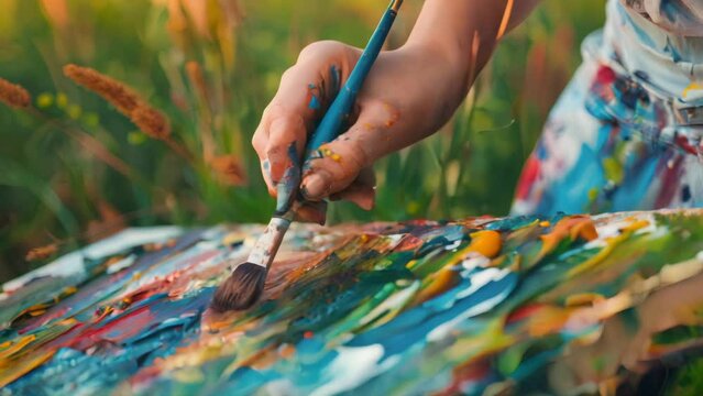 Artist's hand painting with a brush on a colorful canvas outdoors