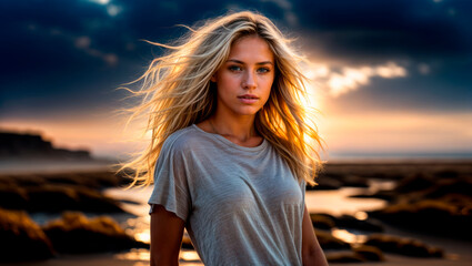 Beautiful woman on the background of the sunset