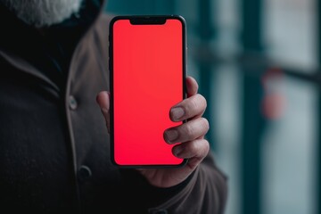 Digital mockup over a shoulder of a middle-aged man holding an smartphone with a fully red screen