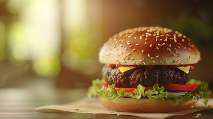 Gourmet Cheeseburger with Fresh Toppings on Wooden Table, fast-food, junk food concept