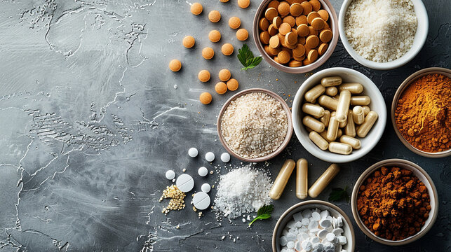 Variety of dietary supplements on gray background with natural ingredients.
