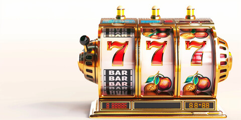 Classic slot machine with lucky sevens and fruit symbols.
