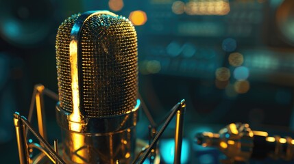 Golden Microphone on Moody Studio Background with Audio Equipment