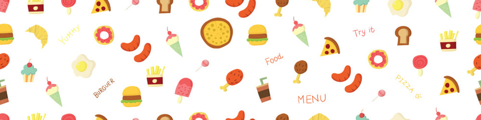 Hand drawn doodles seamless pattern vector design elements set of bread, cupcake, fried chicken, ice cream, lollipop candy, pizza, sausage, omlet. Food elements concept illustration. - obrazy, fototapety, plakaty