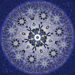 Vector hand drawn dark blue and golden gradient round floral pattern