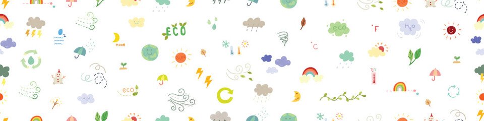 Hand drawn doodles seamless pattern vector design elements set of ecology, storm, sunny, rainy, windy, temperature, moon, rainbow, sun, earth. Eco and weather elements concept illustration.